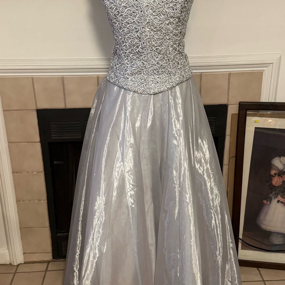 Aspeed Silver Ballgown with Lace and Sequin Bodice and Shawl